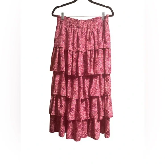 Taylor Tillman New York NWOT Floral Pink Tiered Ruffle Midi Skirt Size Large - Picture 2 of 9
